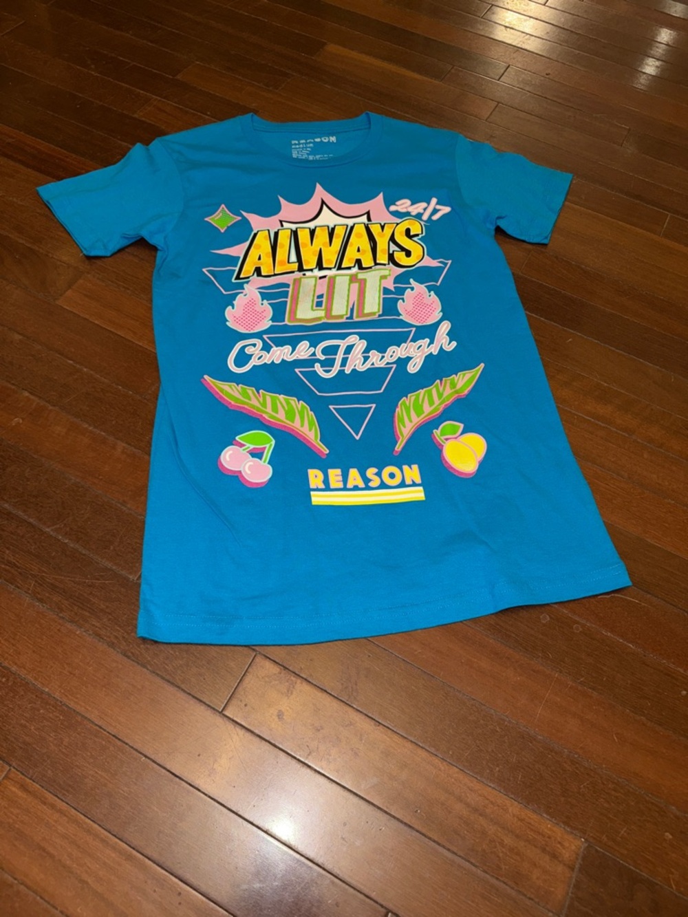 Reason Bright Blue 'Always Lit' Graphic Tee with Neon Pop Accents